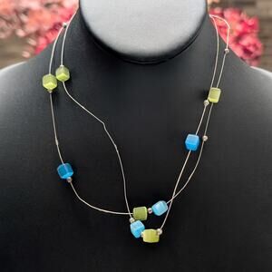 Double Strand Blue & Green Cube Bead Necklace - Fair Condition